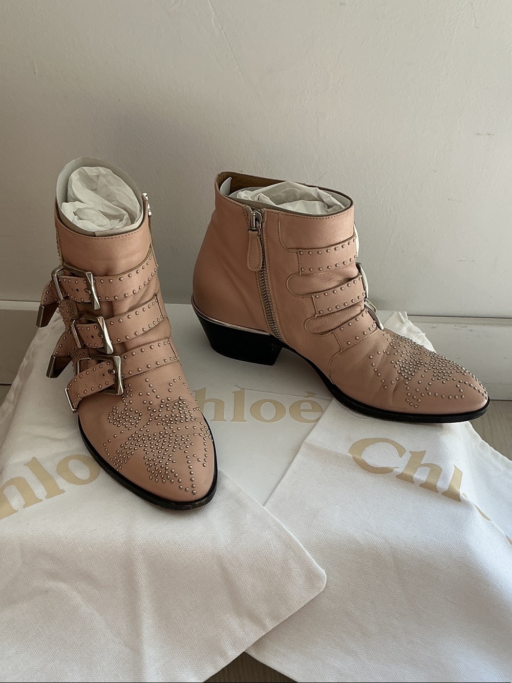 Chloe Pink Blush Studded Triple Buckle Leather Ankle Boots